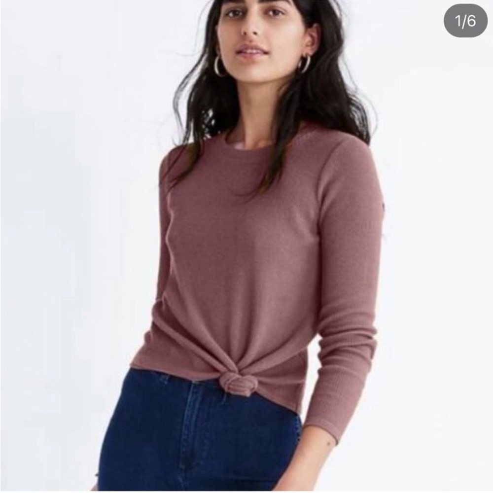 Madewell Ribbed Asymmetrical Hem Long Sleeve Neutral Tie Knot Top